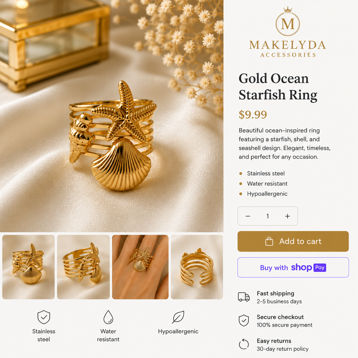 Gold Ocean Starfish Ring